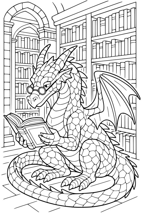 Free Dragon Coloring Page - Bookish Professor in a Magical Library (Printable PDF)