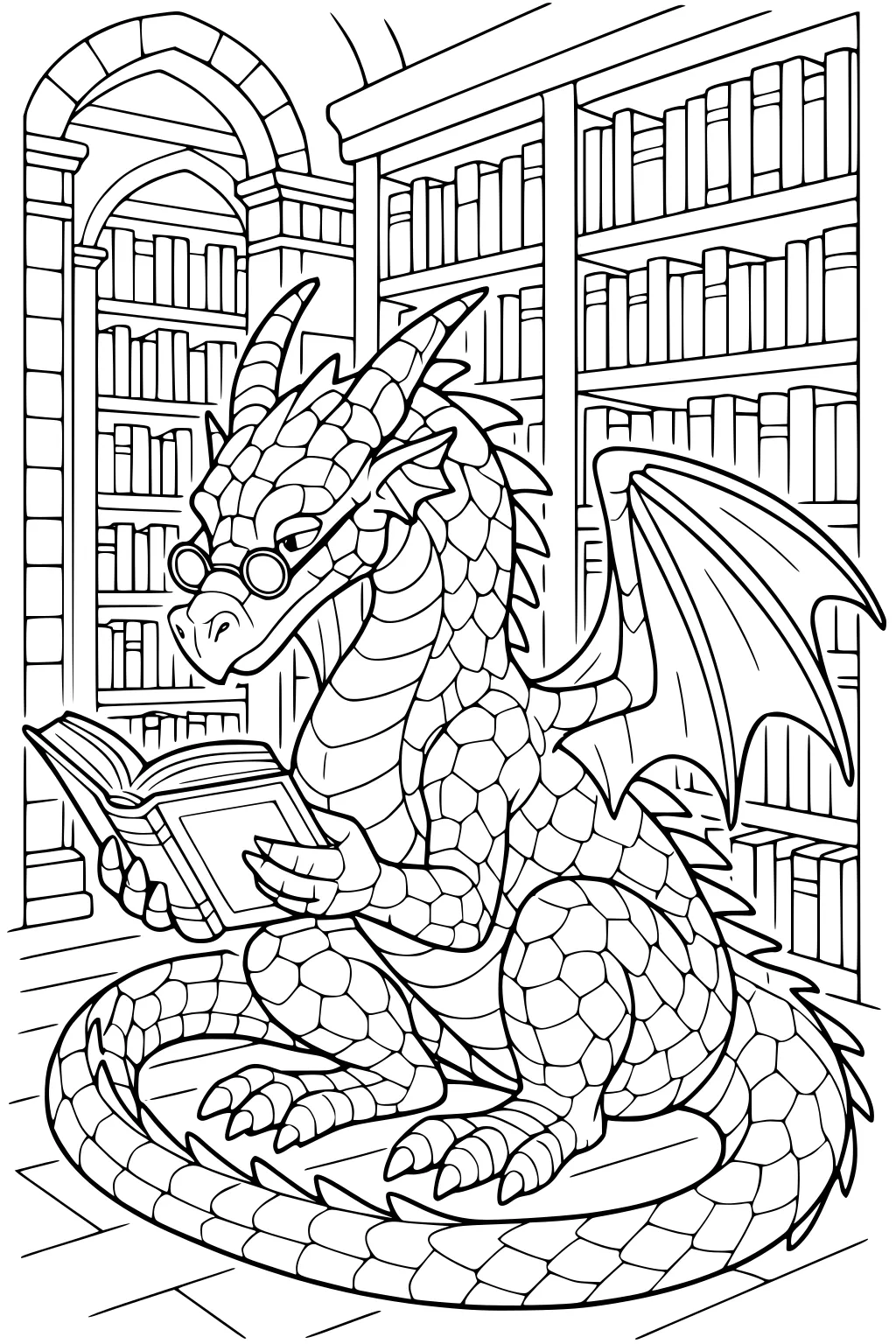 Dragon with glasses reads a book in a stone-arched library, wings folded, tail curled on tile, tall shelves filled with books.