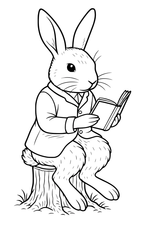 Free Hare Coloring Page - Professor Hare Reading in the Meadow (Printable PDF)