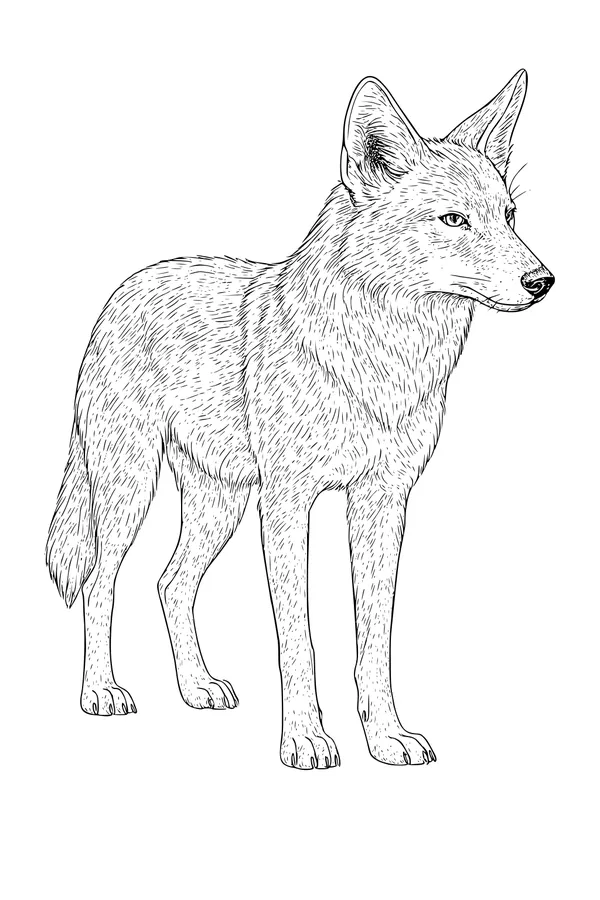 Free Coyote Coloring Page - Realistic Watchful Coyote Standing (Printable PDF)