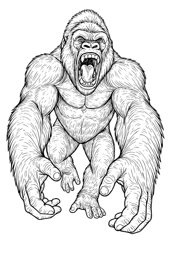 Free Gorilla Coloring Page - Roaring Ape With Powerful Arms (Printable PDF)