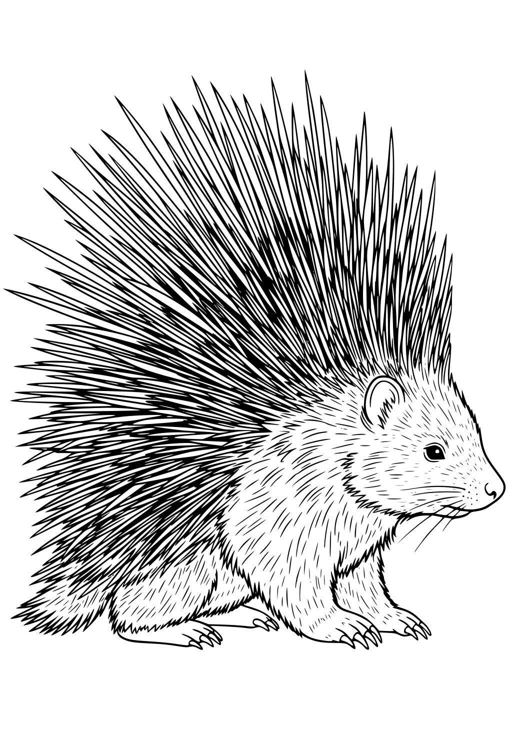 Detailed illustration of a porcupine with long sharp quills, furry face, small rounded ears, and little paws.