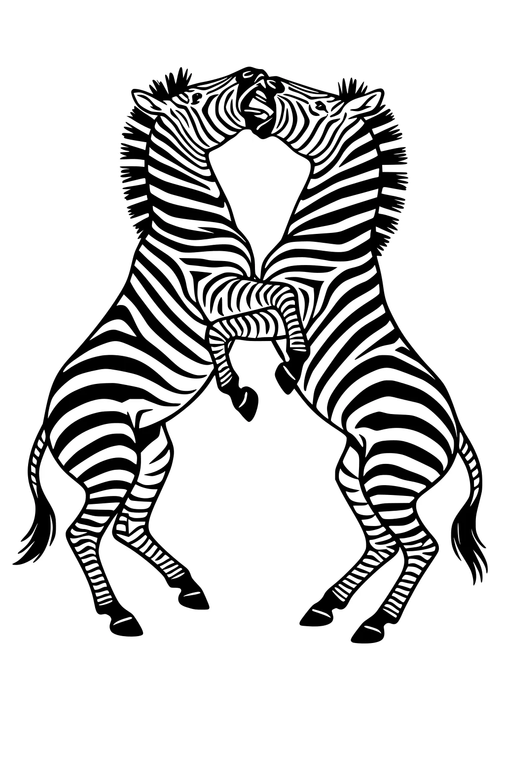 Two zebras rear face-to-face, front legs crossed and muzzles touching, bold stripes and short manes on a plain white background.