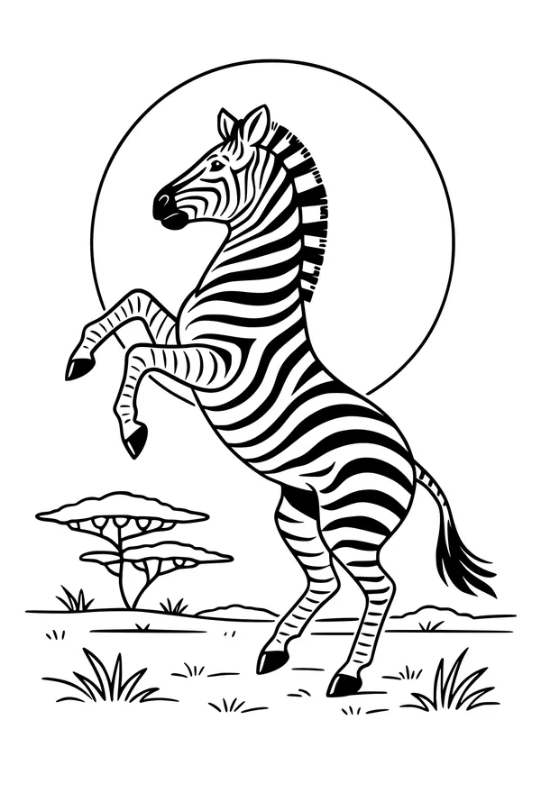Free Zebra Coloring Page - Rearing Zebra at Sunrise (Printable PDF)