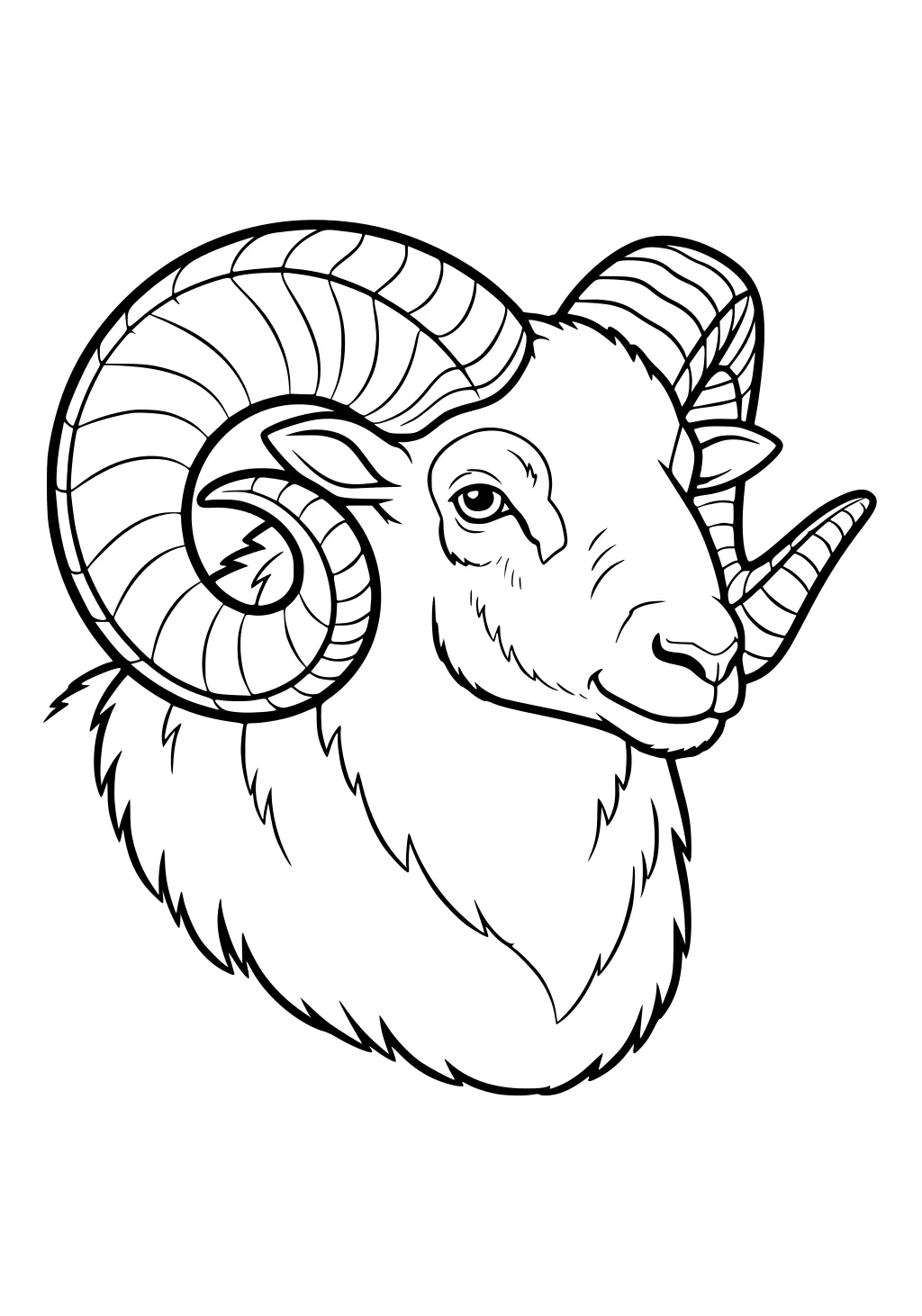 Ram with large spiral horns and fluffy wool facing sideways, line drawing style.
