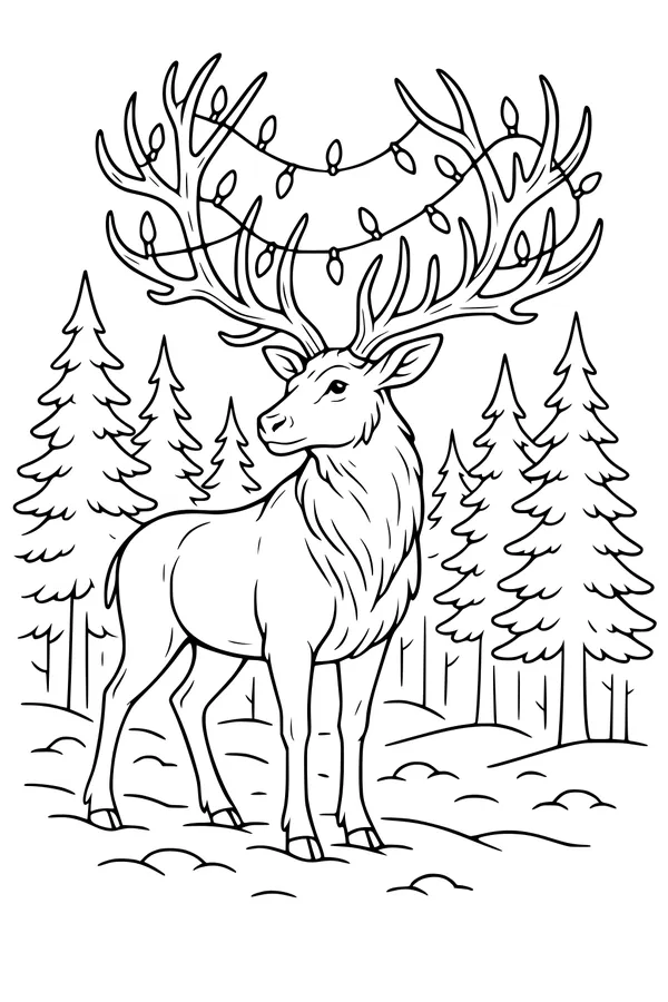Free Reindeer Coloring Page - Christmas Lights in Snowy Pine Forest (Printable PDF)