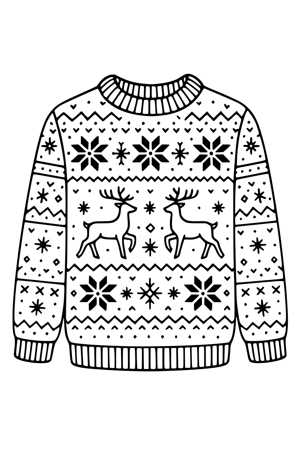 Christmas sweater with two reindeer, large snowflakes, zigzag bands, small diamonds and dots, and ribbed collar, cuffs, and hem.