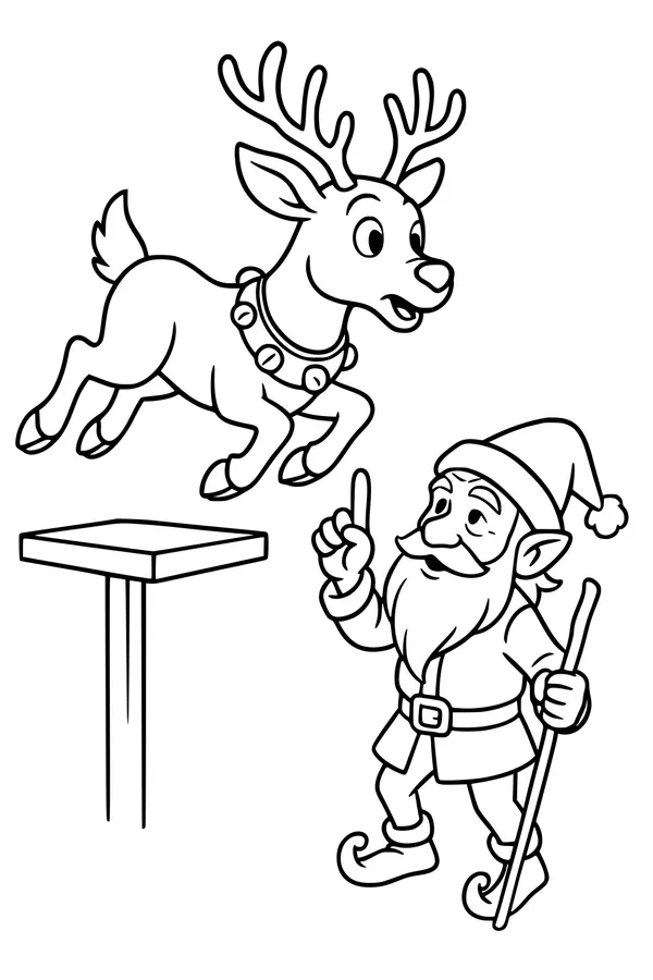 Free Reindeer Coloring Page - Elf Coach Training Jump (Printable PDF)