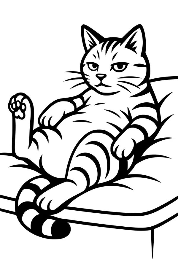 Free Cat Coloring Page - Relaxed Tabby Lounging On Sofa (Printable PDF)