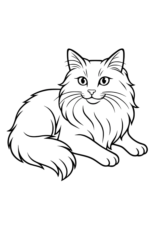Free Cat Coloring Page - Fluffy Domestic Cat Resting (Printable PDF)