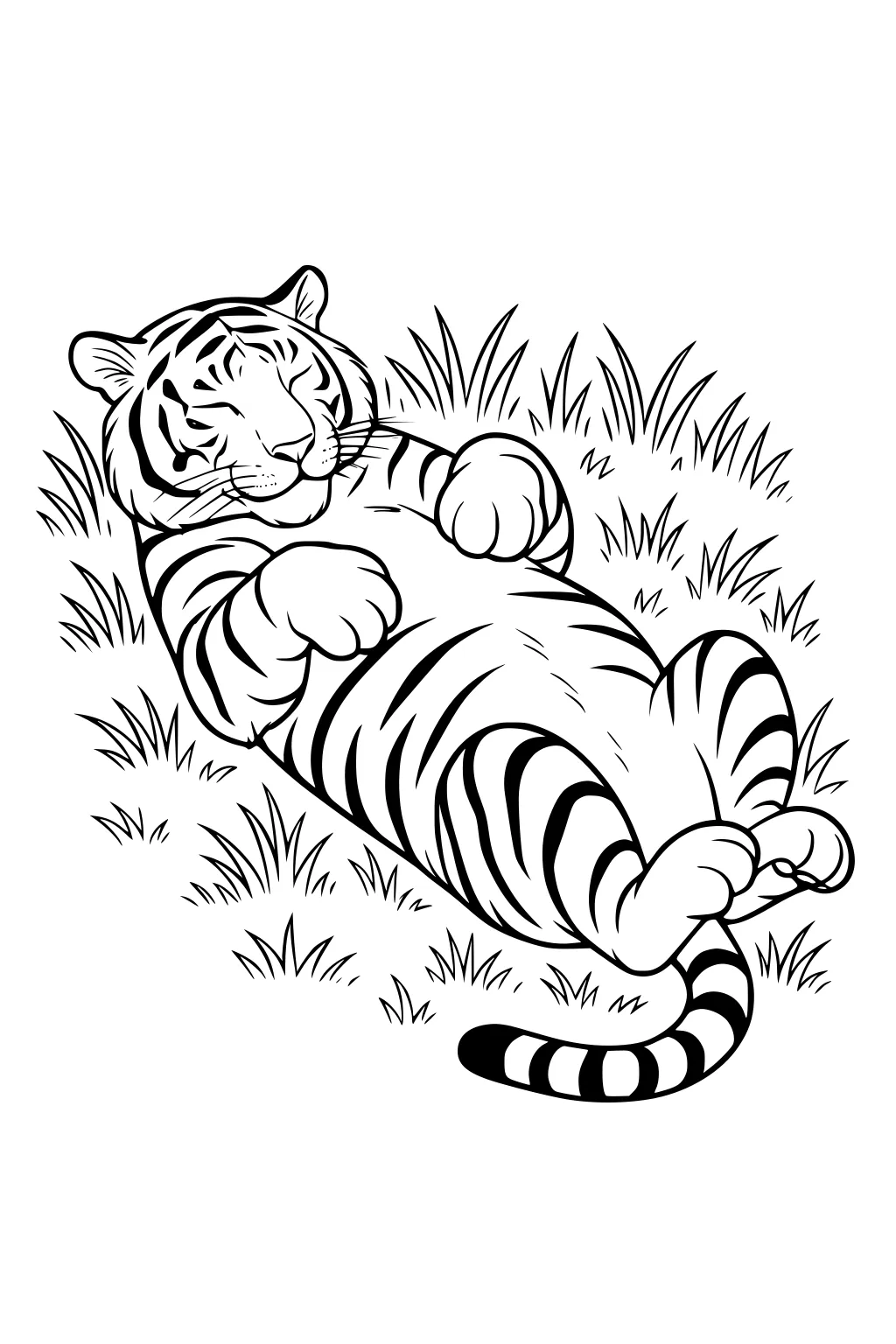 Tiger lying on its back in grass, eyes half closed, paws raised, with detailed stripes and a relaxed expression.