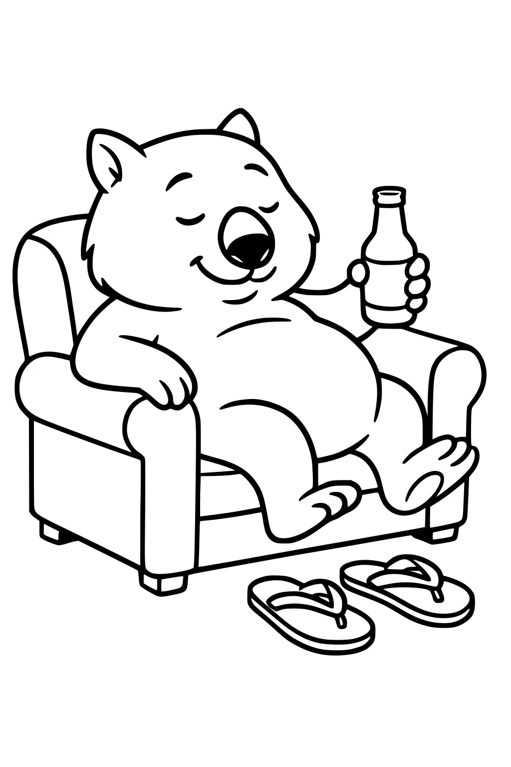 Cartoon wombat relaxing on an armchair, eyes closed and smiling, holding a bottle, with flip-flops on the floor.