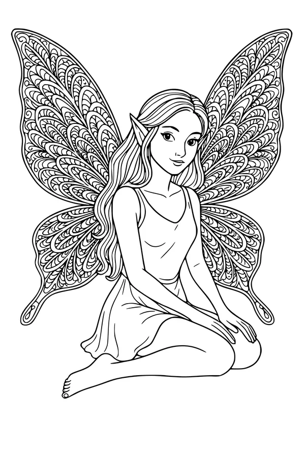 Free Forest Fairy Coloring Page - Seated Elf Girl With Wings (Printable PDF)