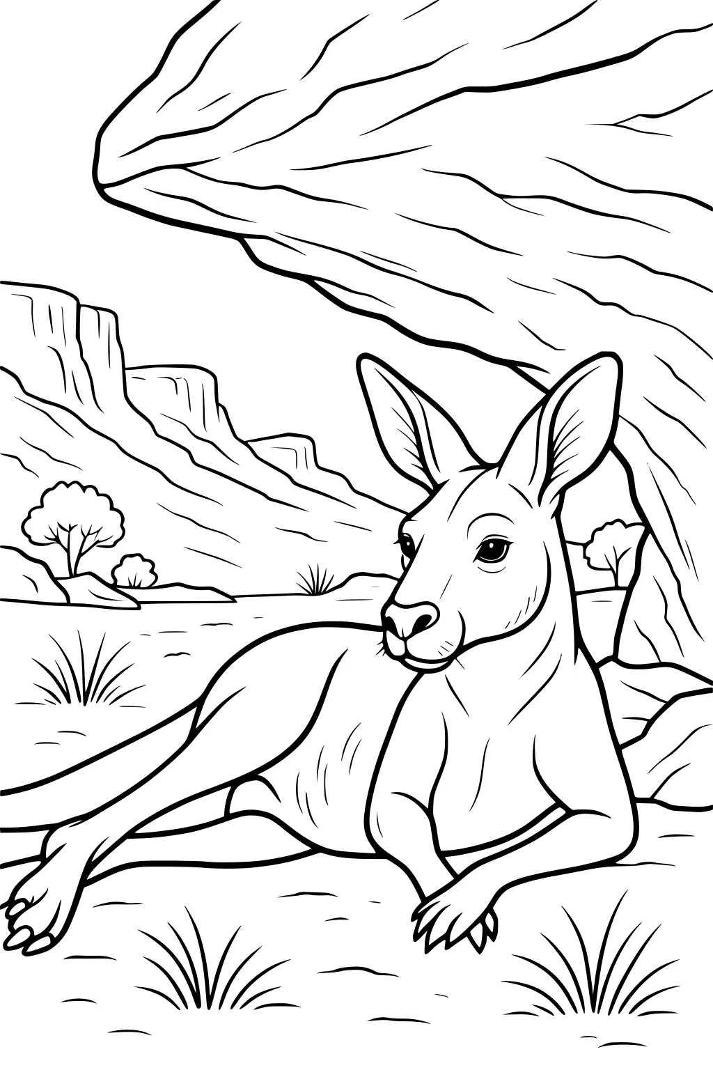 Kangaroo reclining beneath a large rock ledge, with bushes and cliffs in the background.