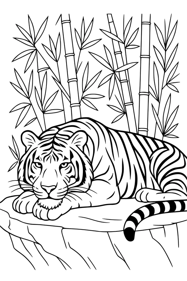 Free Tiger Coloring Page - Sleepy Tiger Resting by Bamboo (Printable PDF)