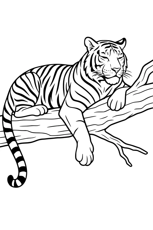 Free Tiger Coloring Page - Lazy Tiger Resting on Tree Branch (Printable PDF)