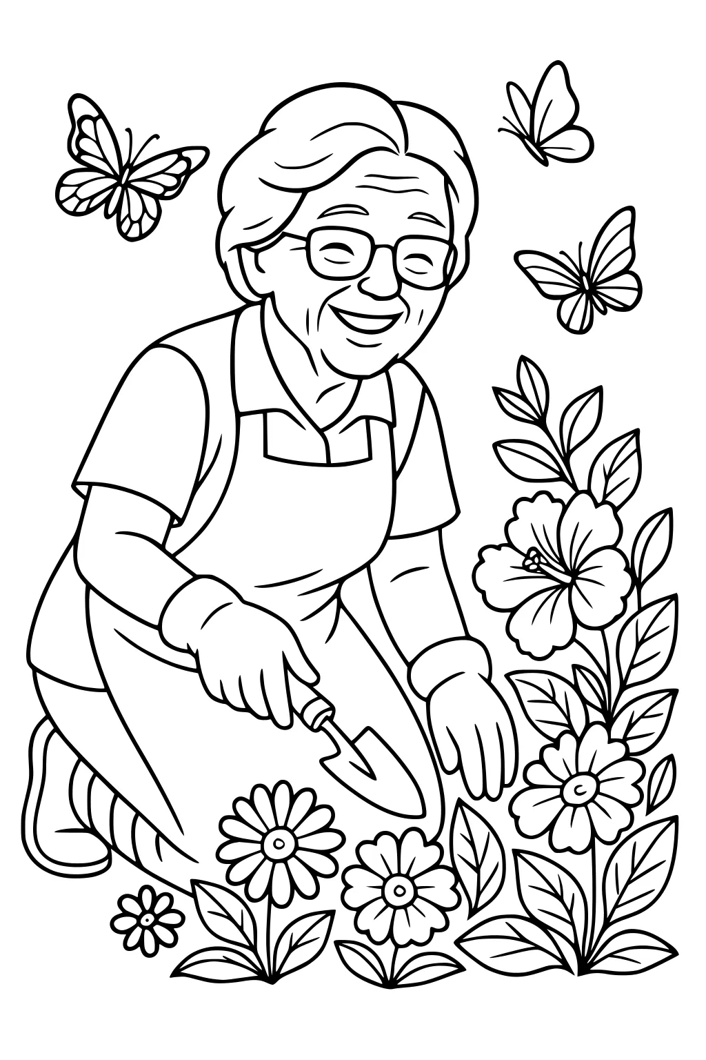 Smiling elderly woman kneels in a garden with trowel, wearing apron and gloves, surrounded by flowers and leaves as three butterflies flutter.