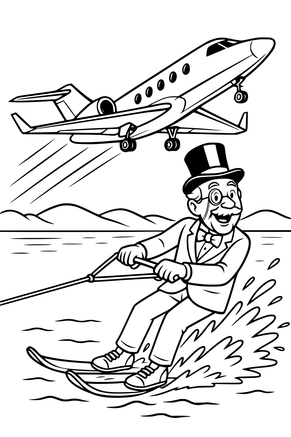 Older man in tuxedo and top hat waterskiing on a lake; jet flies overhead, mountains behind, big splash.