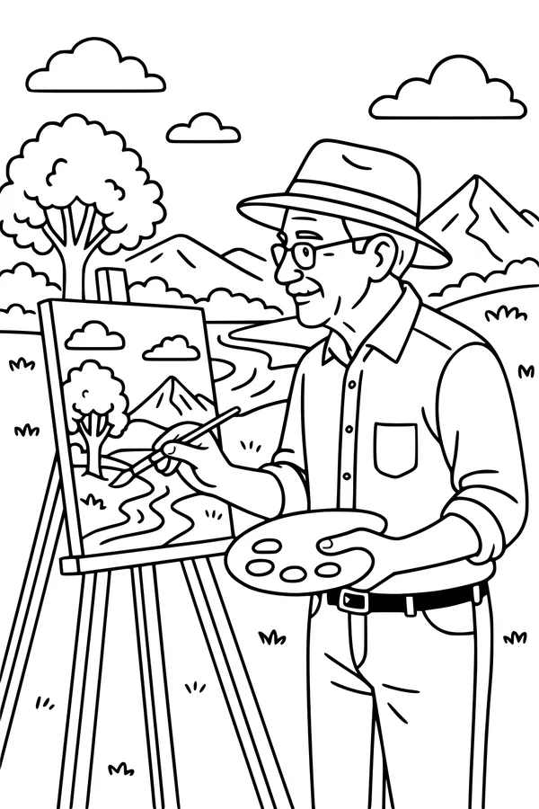 Free Grandpa Coloring Page - Retired Artist Painting Mountain Landscape (Printable PDF)