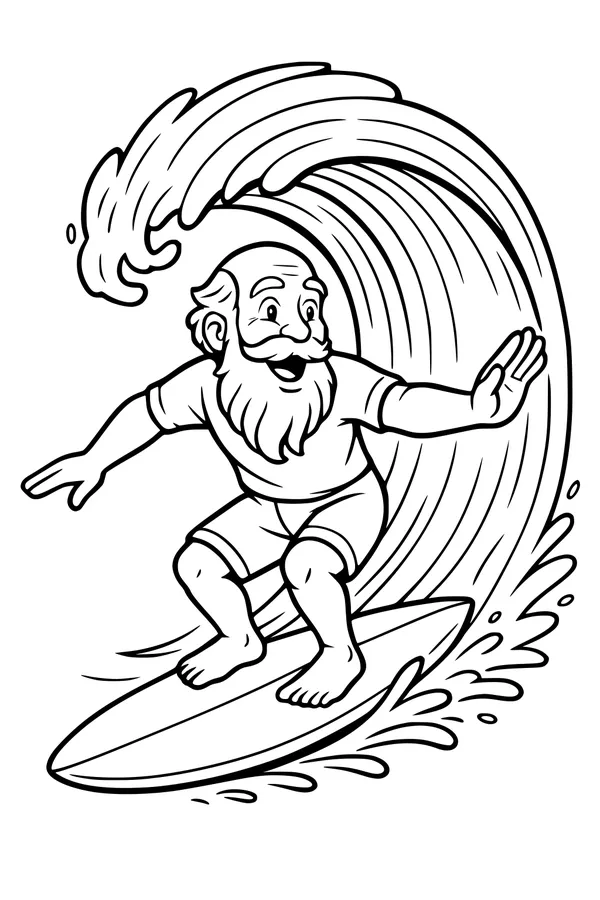 Free Grandpa Surfing Coloring Page - Retired Senior Riding Big Ocean Wave (Printable PDF)