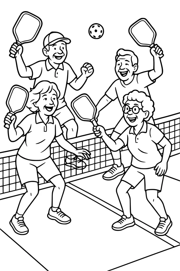 Free Retirement Coloring Page - Retirees Playing Pickleball Doubles (Printable PDF)