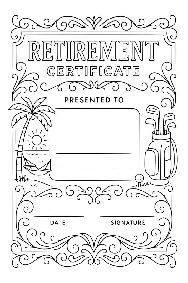 Free Retirement Certificate Coloring Page - Sunny Beach And Golf Theme (Printable PDF)