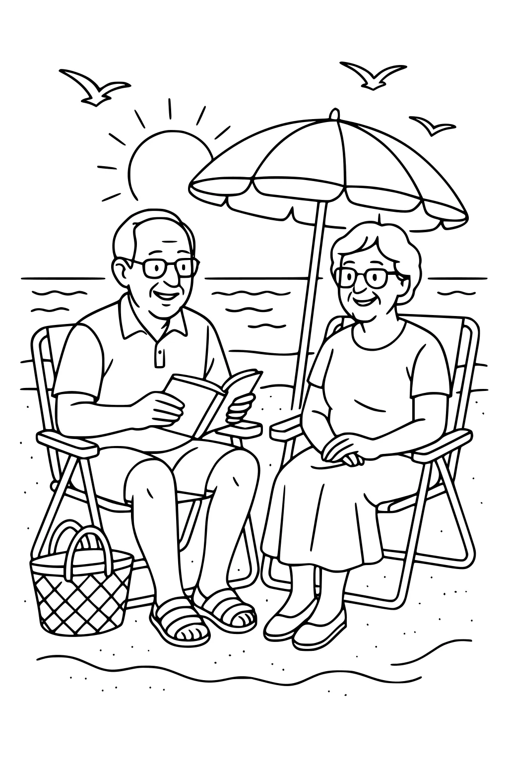 Grandpa reads in a beach chair beside Grandma under an umbrella, with sun, waves, seagulls, and a picnic basket on the sand.
