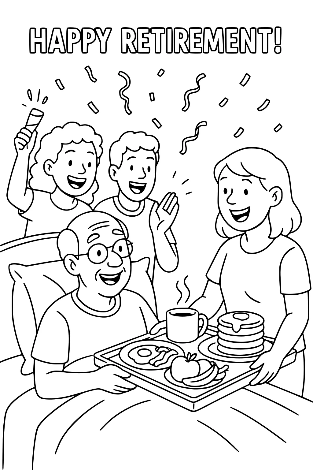 Grandpa in bed smiles while his daughter serves pancakes and coffee on a tray; two kids cheer under a Happy Retirement heading with confetti.