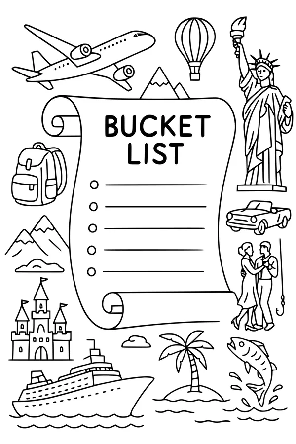 Free Retirement Bucket List Coloring Page - Travel Dreams and Dancing Couple (Printable PDF)