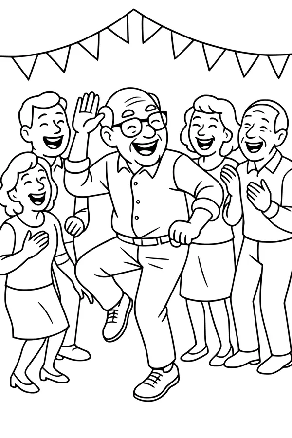 Free Grandpa Retirement Coloring Page - Dancing At His Party (Printable PDF)