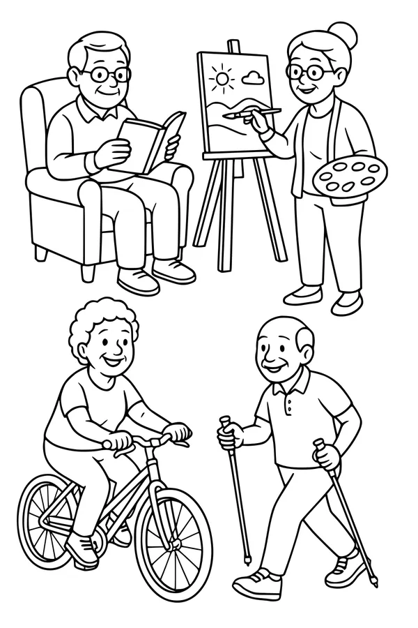 Free Retirement Seniors Coloring Page - Active Hobbies and Smiles (Printable PDF)