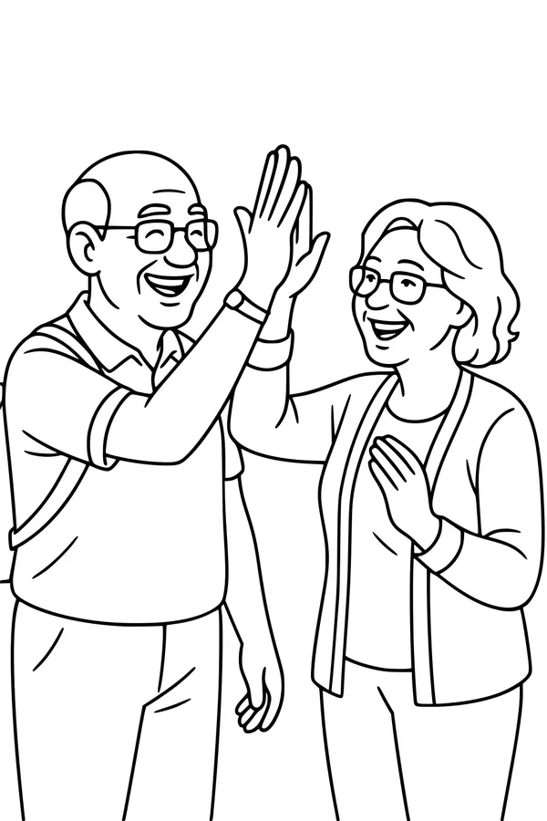 Free Retirement Coloring Page - Happy Senior Couple High-Five (Printable PDF)