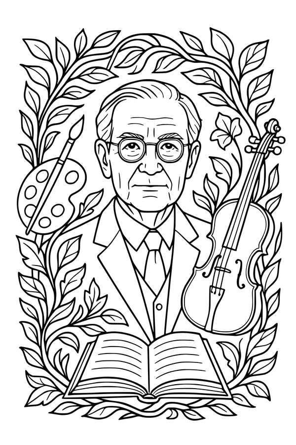 Free Grandpa Retirement Coloring Page - Portrait With Hobbies (Printable PDF)