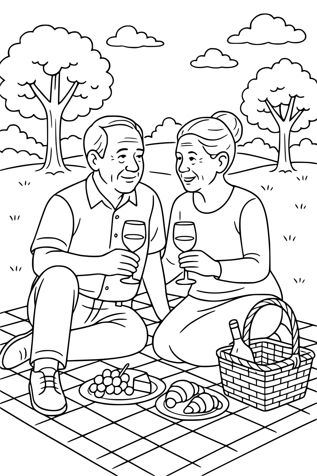 Older couple on a plaid picnic blanket clinking glasses, with grapes, cheese, croissants, and a basket in a tree-filled park.