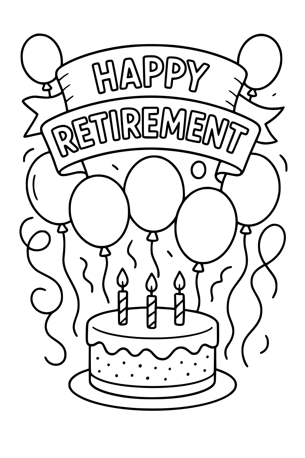 Retirement party banner with balloons, streamers, and a cake with three candles on a plate, outlined for kids to color.