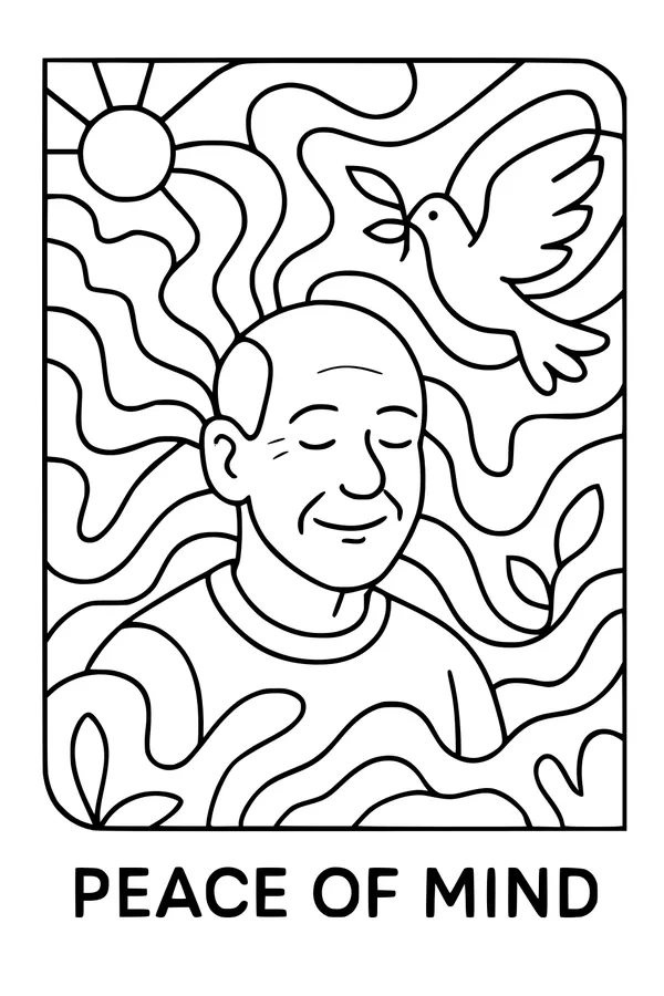 Free Grandpa Retirement Coloring Page - Peace Of Mind Sunshine Scene (Printable PDF)