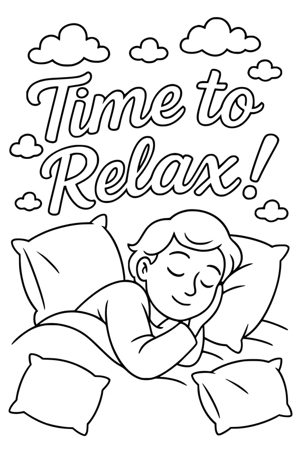 Free Retirement Coloring Page - Boy Napping on Pillows (Printable PDF)