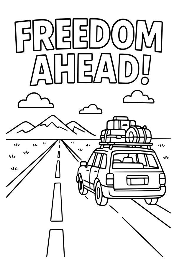 Free Retirement Road Trip Coloring Page - Freedom Ahead Highway Scene (Printable PDF)
