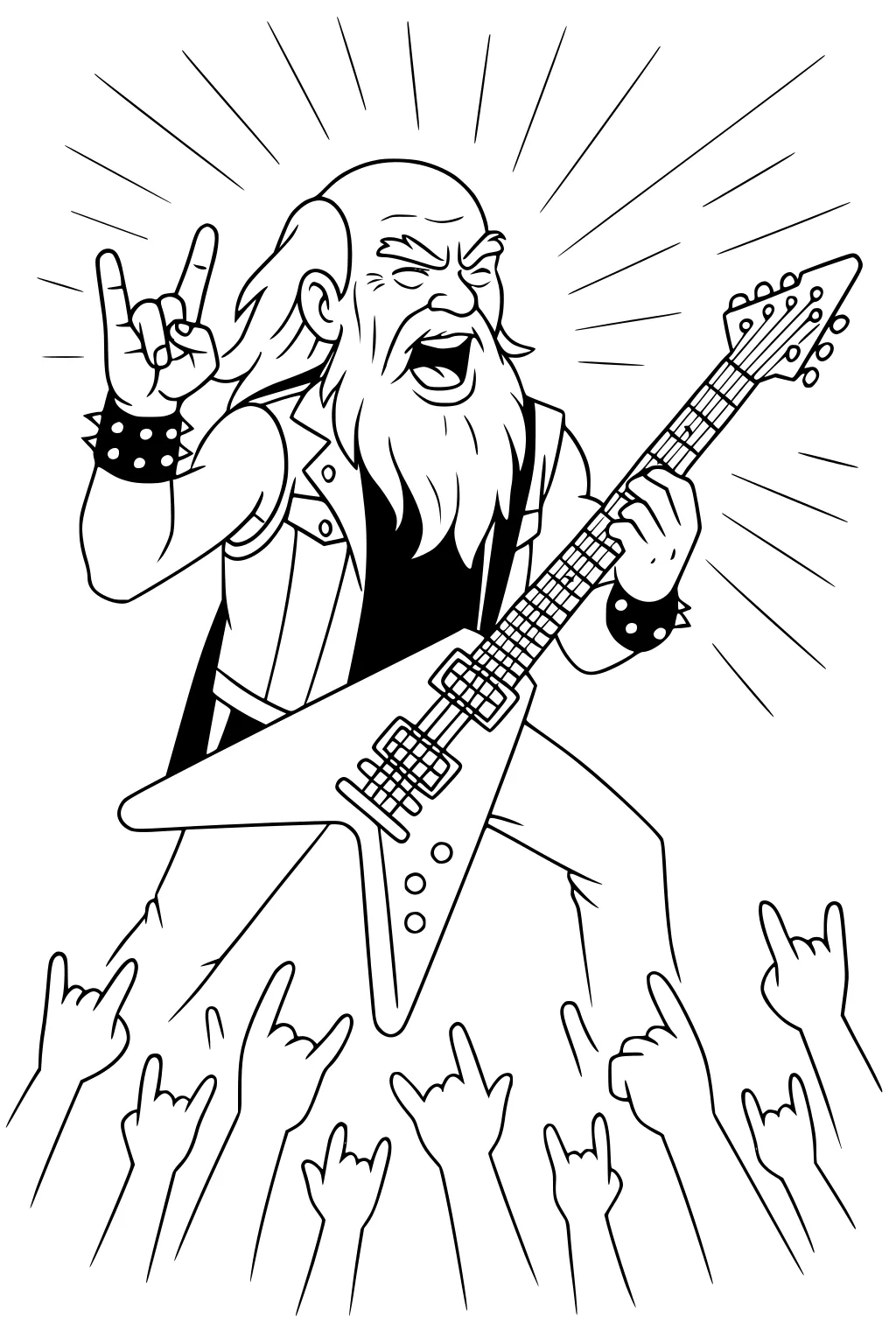 Bearded older man plays V guitar on stage, hand in rock sign, crowd hands raised, energy rays behind.