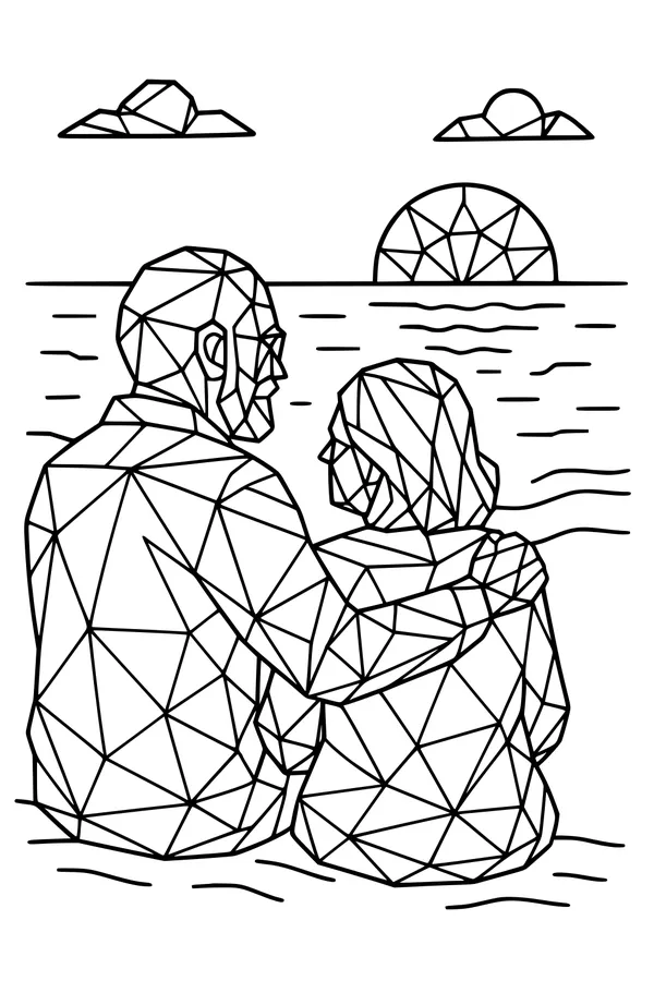 Free Retirement Coloring Page - Senior Couple at Sunset Beach (Printable PDF)