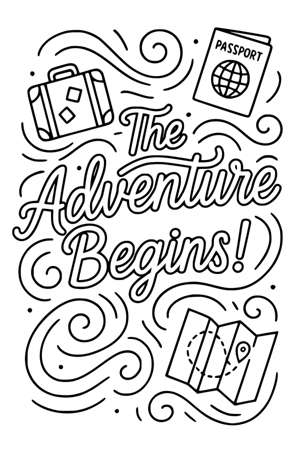 Free Retirement Travel Coloring Page - The Adventure Begins Suitcase Scene (Printable PDF)