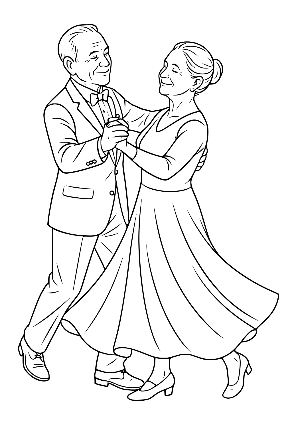 Senior man in suit and bow tie waltzes with smiling woman in long dress, holding hands as her skirt flares.