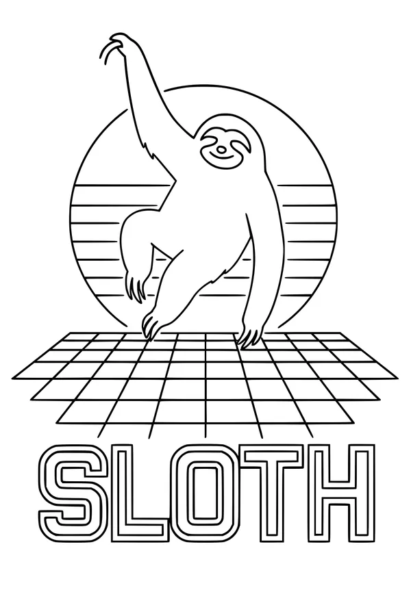 Free Sloth Coloring Page - Sunny Retro Sloth on Groovy Grid (Printable PDF)
