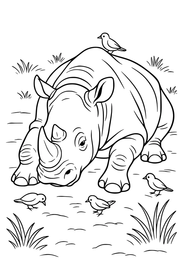 Free Rhino Coloring Page - Resting With Feathered Friends (Printable PDF)