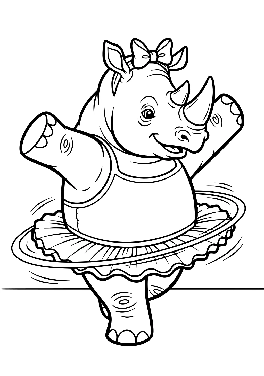 Cartoon girl rhinoceros wearing a ballet tutu and bow, spinning with arms outstretched and a big smile.