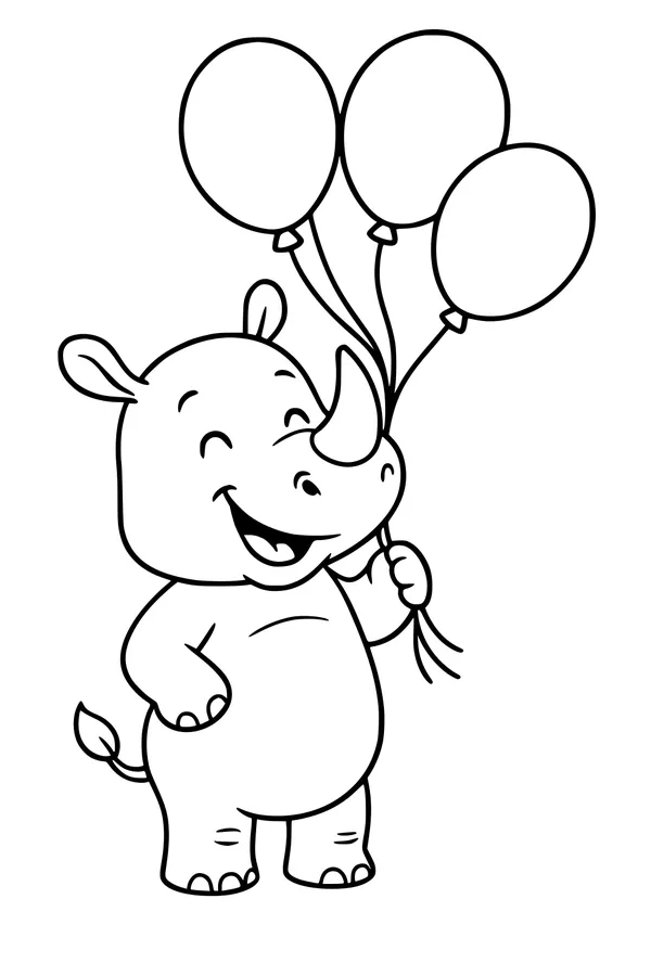 Free Rhinoceros Coloring Page - Smiling Rhino With Party Balloons (Printable PDF)