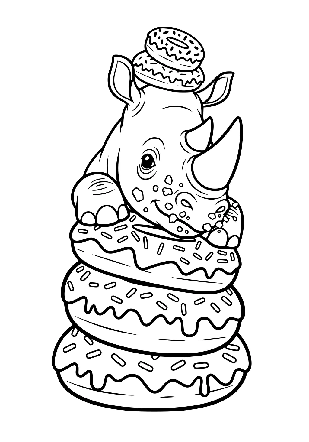 A cartoon rhinoceros sits on three large donuts, with two donuts stacked on its head. All donuts have icing and sprinkles.