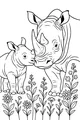 Free Rhinoceros Coloring Page - Mother and Calf in Wildflower Meadow (Printable PDF)