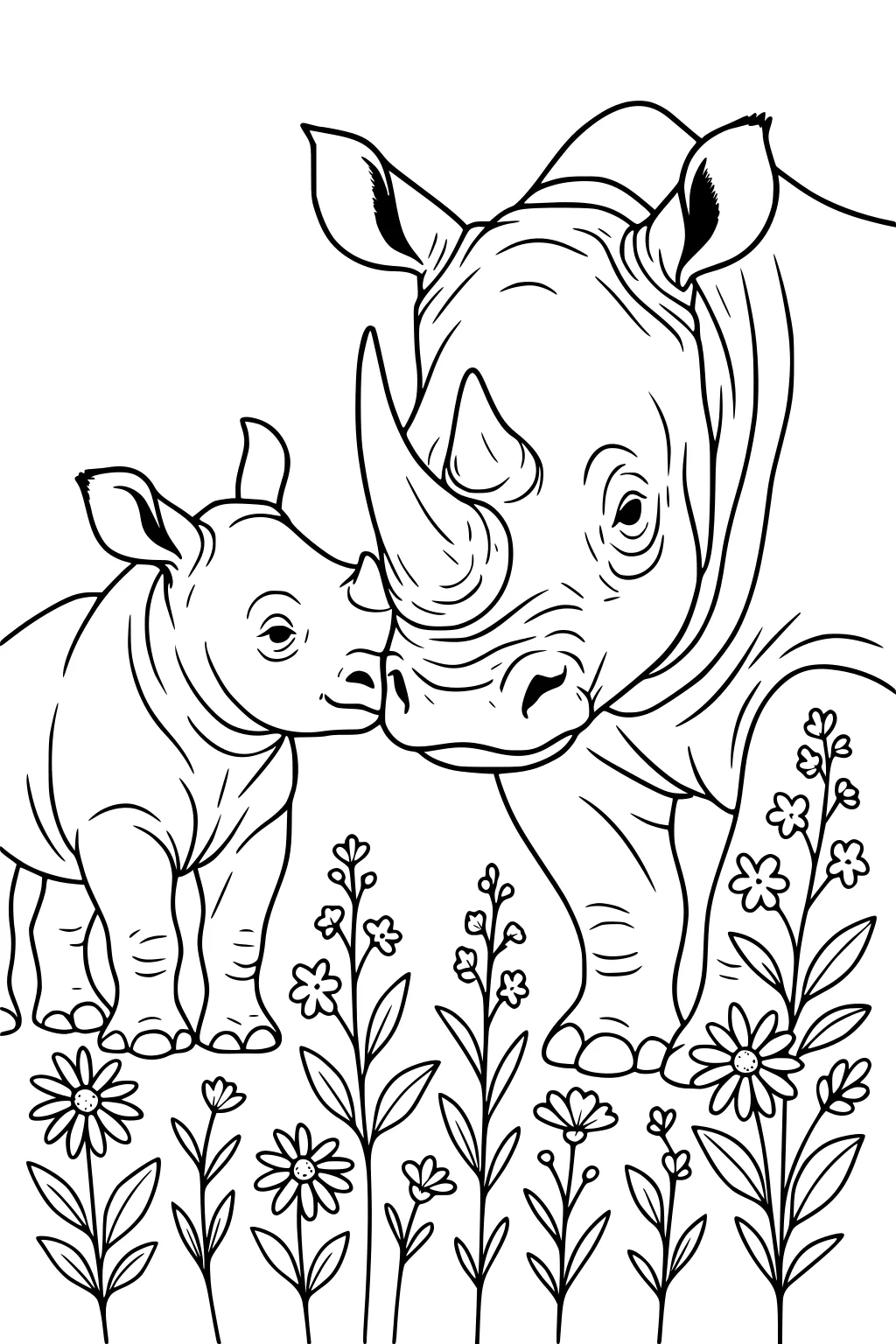Mother rhinoceros and baby calf standing together among tall wildflowers and daisies.