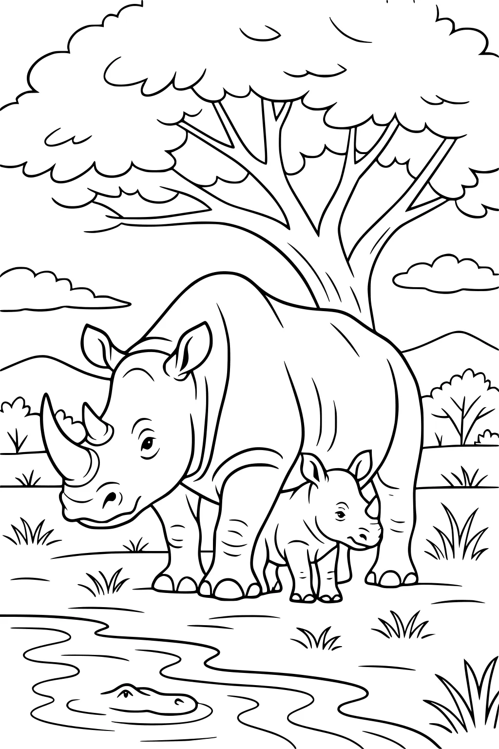 Two rhinoceroses stand under a tree by a pond with a hippo head in the water, distant hills, grass, and clouds in the background.